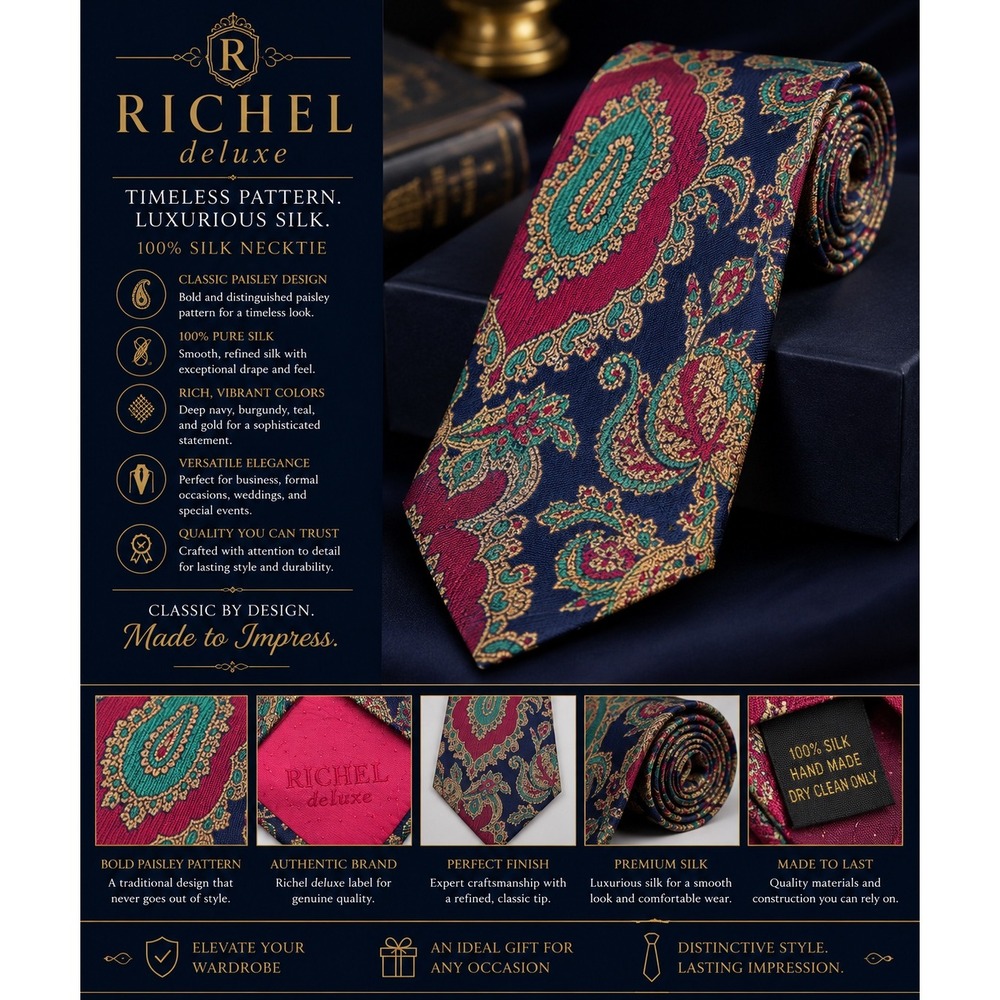 Richel Deluxe 100% Silk Paisley Necktie Navy Burgundy Teal Classic Luxury Tie